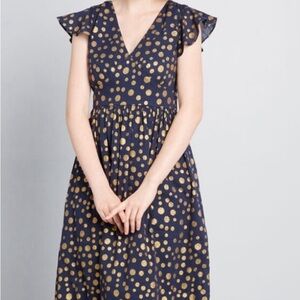 Elegant Navy and Gold Polka Dot Dress